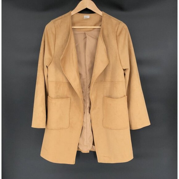 Jackets & Blazers - Women Open-Front Faux Suede Coat Size S Tan Pockets Soft Western Cowgirl Outdoor